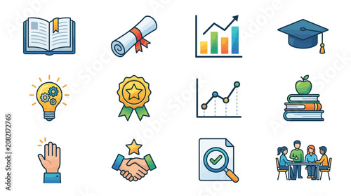 Minimalist Educational and Achievement Icons Set with Colorful Illustrations Books Diplomas Graphs Awards and Teamwork