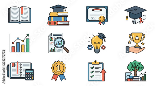 Creative Educational Achievement Icons Set with Books Diplomas Charts Awards and Growth Symbols in Flat Style