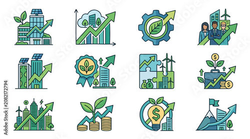 Clean Illustrated Infographics Showcasing Sustainable Business Growth Green Economy and Financial Success Concepts