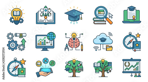 Corporate Education and Innovation Icons Set Colorful Illustrations Featuring Gear Books Graduation Caps Brain Clouds Charts and More