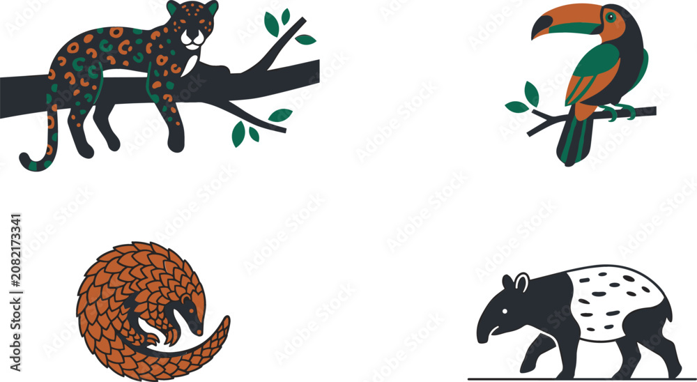 Fototapeta premium Rainforest Wildlife Vector Set featuring Jaguar on Branch, Toucan Bird, Curled Pangolin, and Malayan Tapir Illustrations for Jungle Conservation and Zoo Education Designs