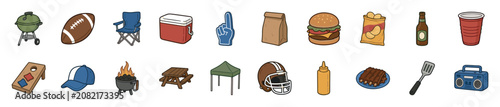 Set of colorful cartoon tailgating party icons for a football game celebration, featuring a grill, food, drinks, and fan accessories like a foam finger and helmet