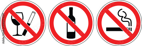 No smoking and no drinking alcohol red prohibition sign set containing cigarette wine glass bottle isolated on white background.
