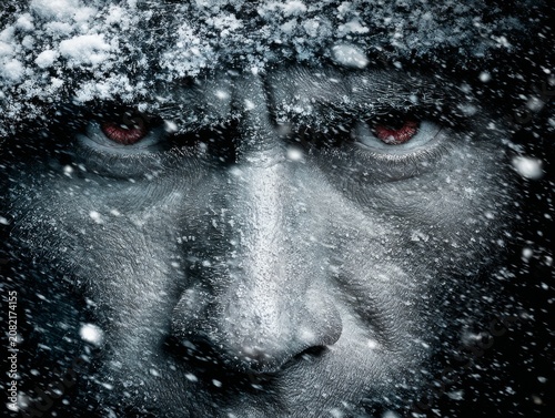 Man surviving frozen blizzard with intense red eyes