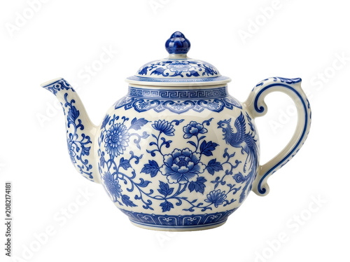 A blue and white porcelain teapot with floral pattern sits isolated on a plain background