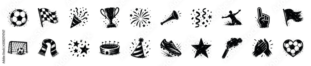 Fototapeta premium Collection of grunge-style black and white soccer and celebration icons with a textured, distressed appearance