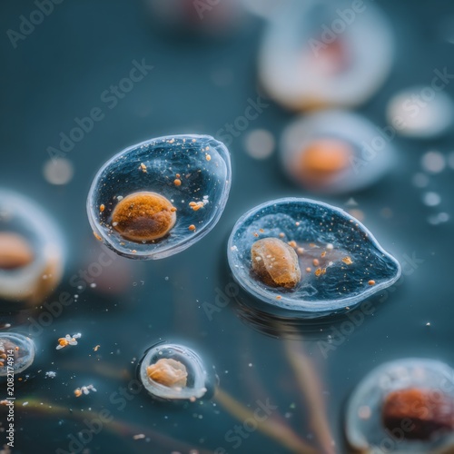 Microscopic organisms floating in blue liquid background