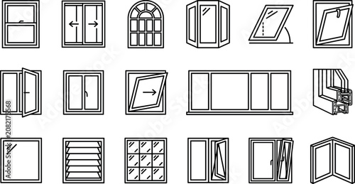Architectural Window Frame and Style Line Icon Set Featuring Sliding Casement Bay Arched Louver Tilt and Turn Profiles for Construction Designs