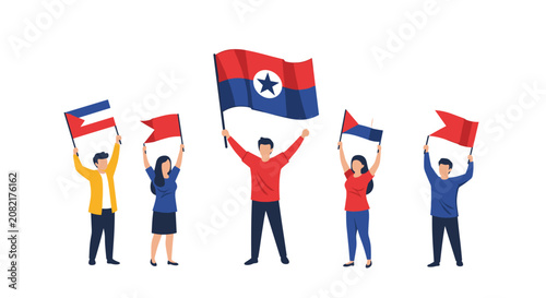 Group of patriotic citizens waving red and blue national flags with a central star to celebrate holiday in flat style.