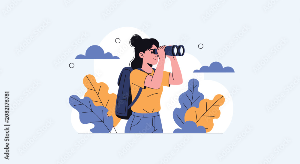 Obraz premium Female traveler with backpack looking through binoculars represents hiking tour, bird watching, searching target, and discovery.