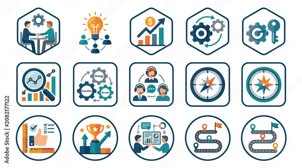 Fototapeta premium Dynamic Business Strategy Icons Set Colorful Illustrations Featuring Gear Charts Compasses Handshakes and Growth Metrics