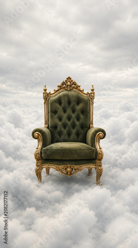 Surreal Velvet Royal Armchair in the Sky with Cloudscape Background