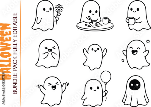 Minimalist line art ghost characters daily routine doodles. Cute simple outline ghosts writing at desk, drinking coffee, holding flowers, and holding balloons vector set.