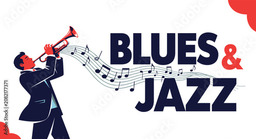 Creative musical banner featuring a trumpet player and wavy musical notes with bold text that says blues and jazz.
