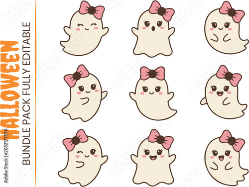 Kawaii girl ghosts with pink hair bows set. Adorable little cartoon ghosts with different cute facial expressions and winking eyes for Halloween stickers and baby decor.