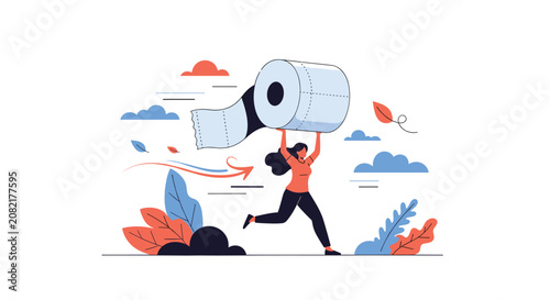 Fast running woman carrying a giant toilet paper roll on her shoulders during a shopping rush or panic.