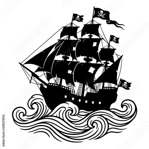 Canvastavla Silhouette of a pirate ship sailing on rough ocean waves with jolly roger flags