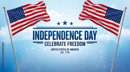 Two waving american flags against a bright blue sky background, with independence day, text celebrating freedom, and the united, states of america