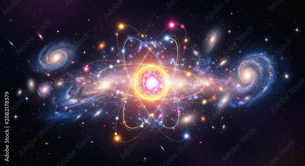 Fototapeta premium Surreal cosmic vista where glittering distant galaxies merge seamlessly with glowing atomic nuclei and electron clouds, showing unity, micro, digital, stars
