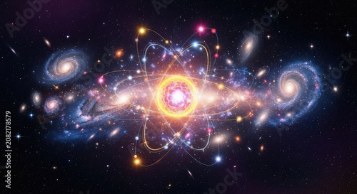 Surreal cosmic vista where glittering distant galaxies merge seamlessly with glowing atomic nuclei and electron clouds, showing unity, micro, digital, stars