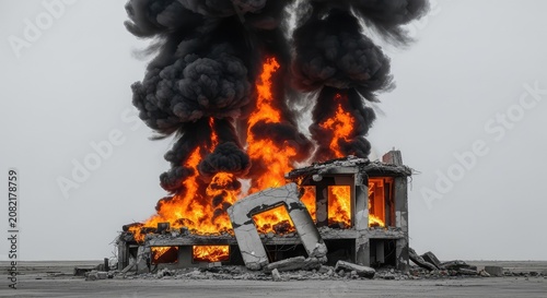 Thick black smoke rises from a destroyed concrete structure as bright orange fire burns through the wreckage in a silent, grey wasteland, atmosphere, heat, charred