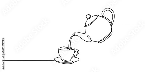 Fotografie Continuous single line drawing of a teapot pouring hot tea into a cup Vector, il