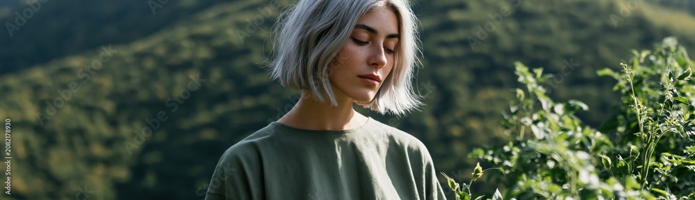 Fototapeta premium Young woman with silver bob hair caring for balcony plants in green top on hillside for lifestyle and garden background