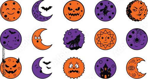 Cute Halloween moon and sun icon set. Kawaii howling werewolf, spooky pumpkin, flying witch, haunted house, and spider web circular badges vector illustration isolated on white background.
