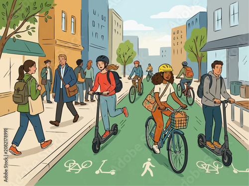 People riding electric scooters and bicycles on urban path