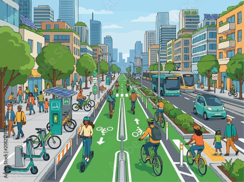 Modern eco friendly city street with bike lanes and green transport