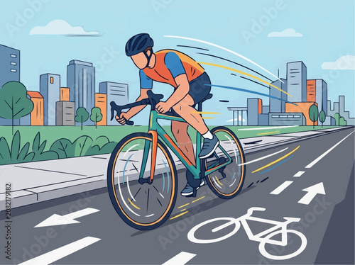Professional cyclist riding bicycle fast on urban bike path