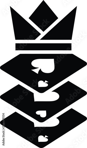 Black and white of a crown atop a stack of spade playing cards king