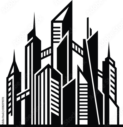 Black and white of a stylized cityscape with abstract skyscrapers skyline buildings