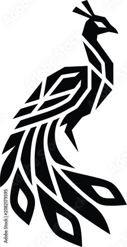 Black geometric peacock with stylized tail feathers bird silhouette white