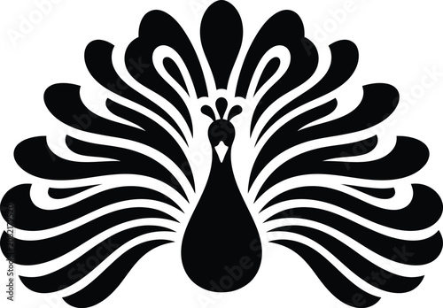 Black silhouette of a stylized peacock with fanned tail feathers black and white bird animal