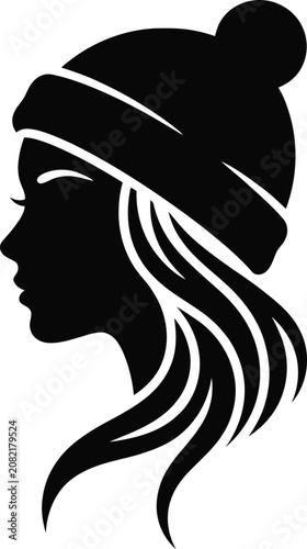 Black silhouette of a woman's profile wearing a beanie hat with flowing hair female head
