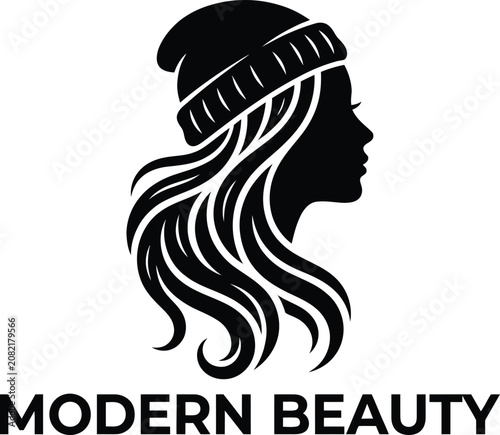 Black silhouette of a woman's profile with flowing hair and beanie, text 