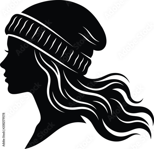 Black silhouette of a woman's profile wearing a beanie, with flowing hair female head