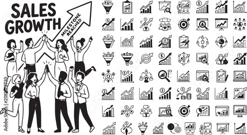 Set of 50 Sales Growth and Business Chart Icons Vector