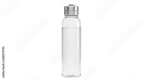 A clear plastic water bottle filled with fresh water, featuring a metallic silver screw cap, standing upright, isolated on a white background