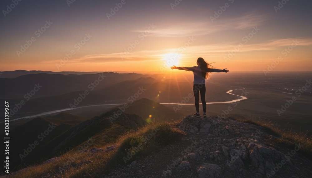 Obraz premium Person embracing the magnificent wilderness panorama from a high vantage point