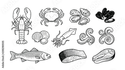 Set of 12 Hand-Drawn Seafood and Fish Icons Vector