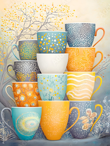 An artistic illustration showcases a towering stack of beautifully patterned ceramic coffee mugs in vibrant teal, yellow, and orange tones against a dreamy, stylized autumn tree background
