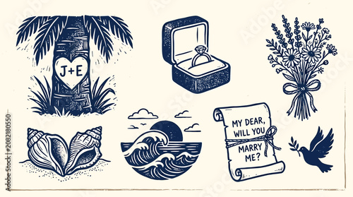 Foto Hand Drawn Romantic Wedding Elements Collection Featuring Beach Themed Icons and