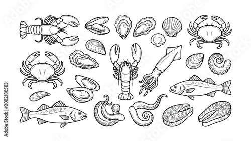 Set of 23 Seafood Icons Vector Illustration