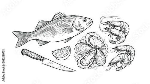 Black and White Engraved Seafood Set with Fish, Oysters, Shrimp, Lemon, and Knife Illustration