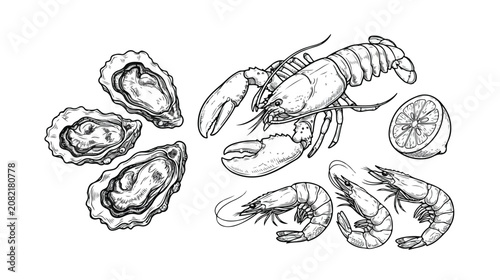 Black and White Hand Drawn Seafood Set with Oysters, Lobster, Shrimp, and Lemon Slice