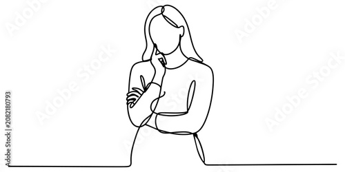 Tableau sur toile Continuous single line drawing of a pensive woman standing with her hand on her