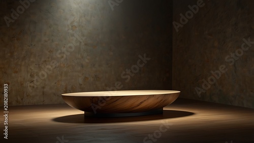 Luxurious circular wooden podium under dramatic spotlight for premium product presentation and marketing