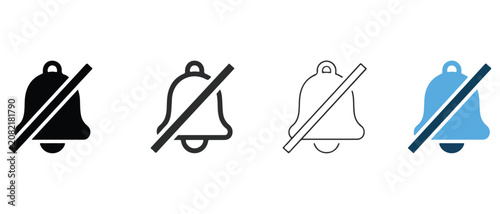 Bell icons with diagonal line through them in black gray and blue on white background  notification and prohibition concept
